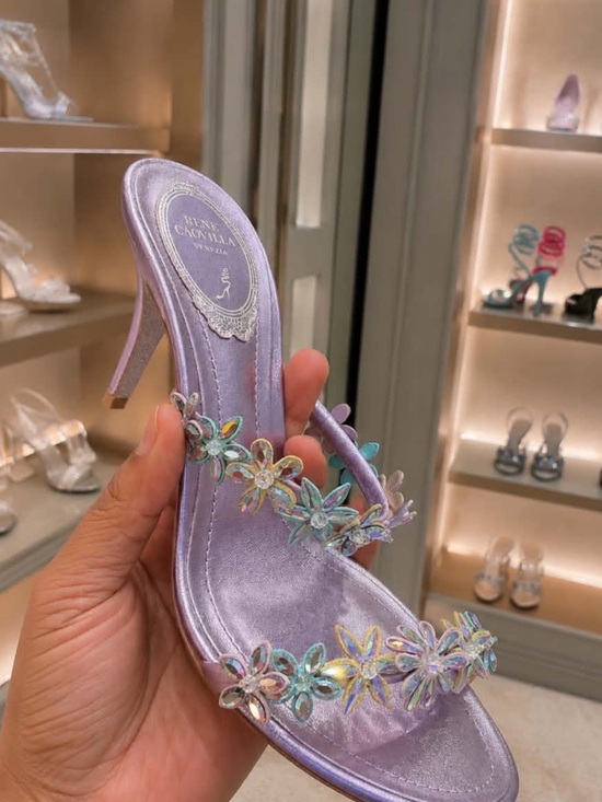 Rene Caovilla Shoes - Rene Caovilla Lavender Satin Floral Crystal Slide Heel